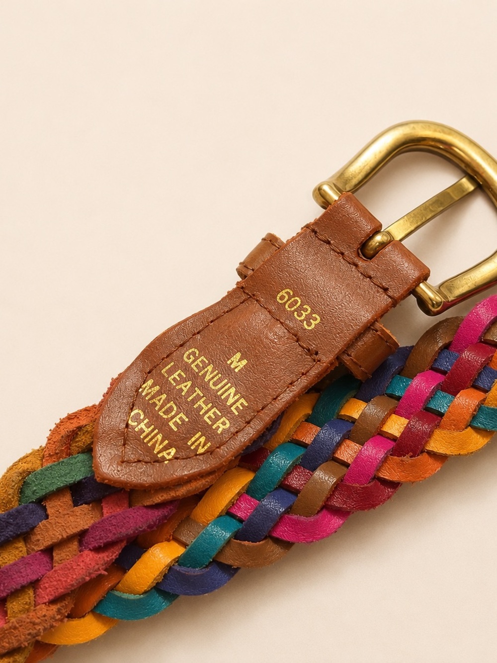 Genuine Leather Rainbow Braided Belt Boho Western Brass Buckle Size M